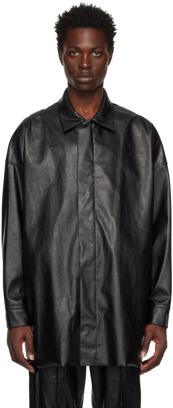 Photo: N.Hoolywood Black Half Coat Faux-Leather Jacket