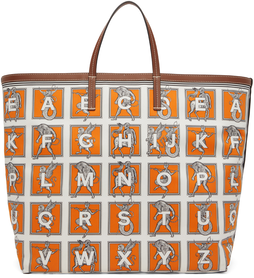 Burberry White & Orange Mythical Alphabet Silk Tote Burberry