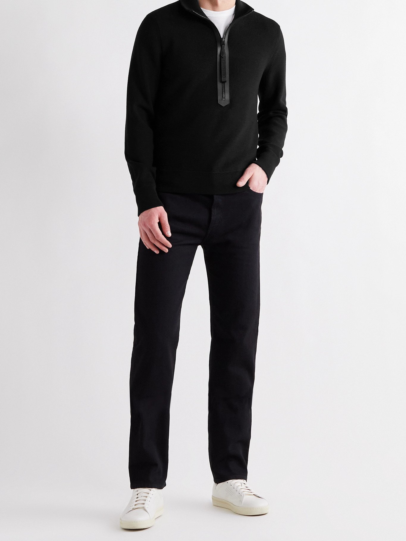 TOM FORD - Leather-Trimmed Merino Wool Half-Zip Sweater - Black TOM FORD
