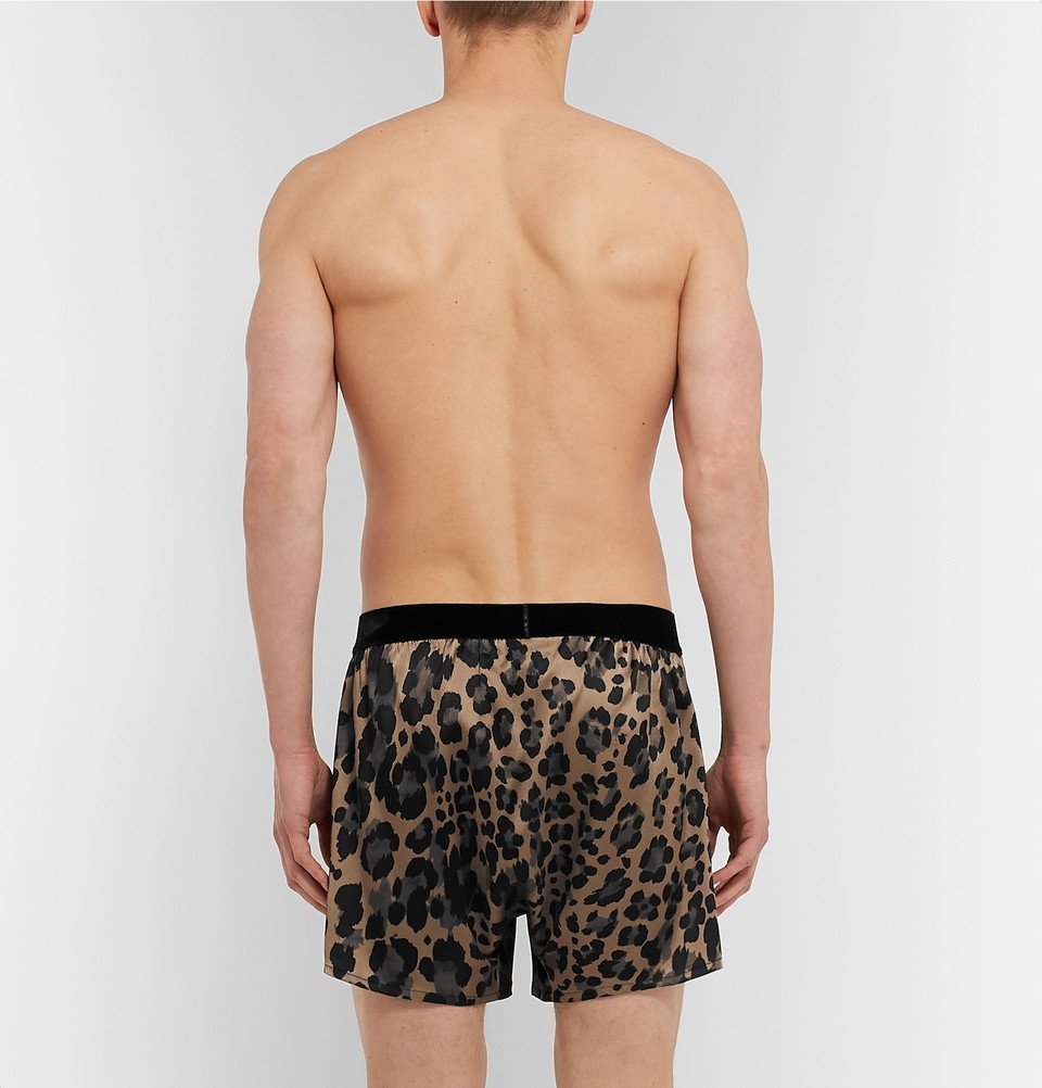 Tom Ford Velvet Trimmed Leopard Print Stretch Silk Boxer Shorts