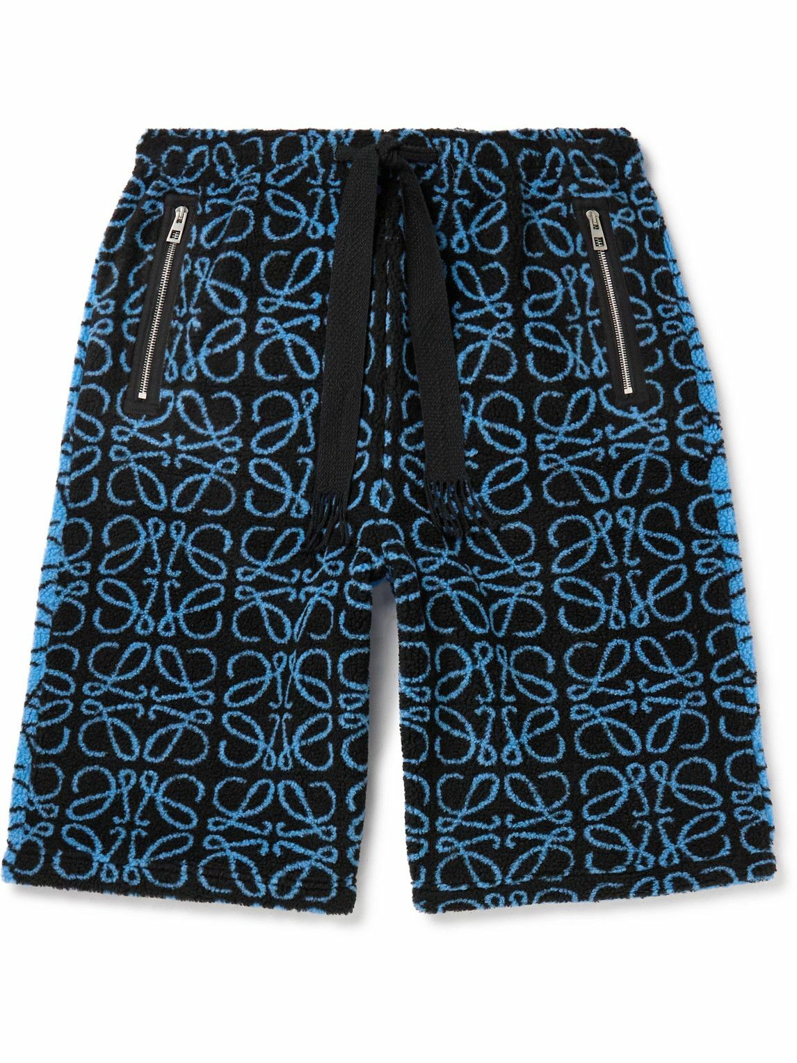 Photo: Loewe - Anagram Wide-Leg Logo-Jacquard Fleece Drawstring Shorts - Blue