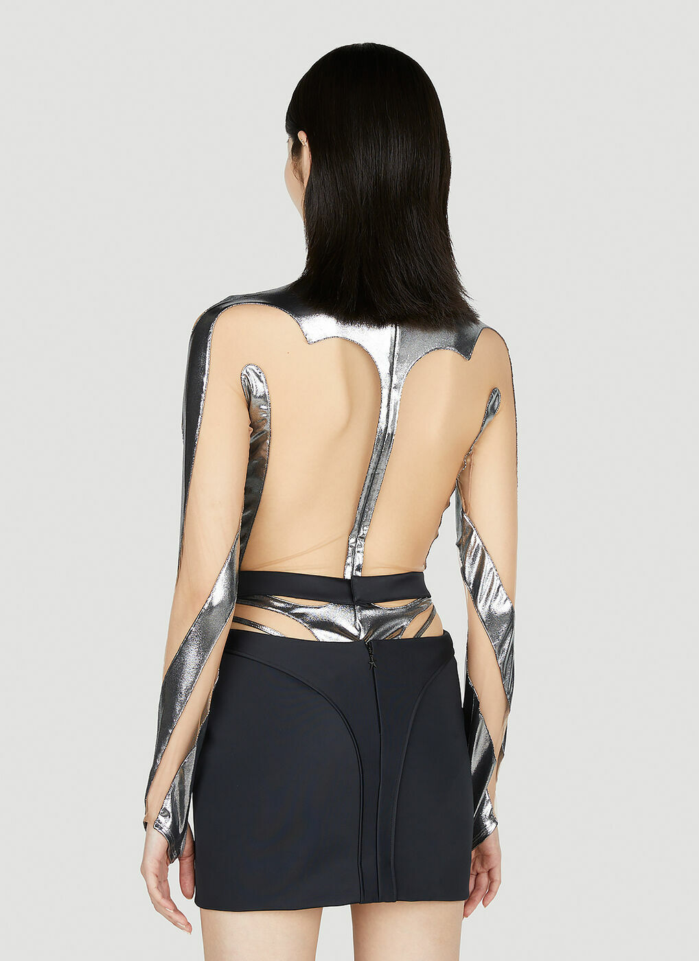 Mugler Metallic Cut Out Illusion Bodysuit In Silver Mugler