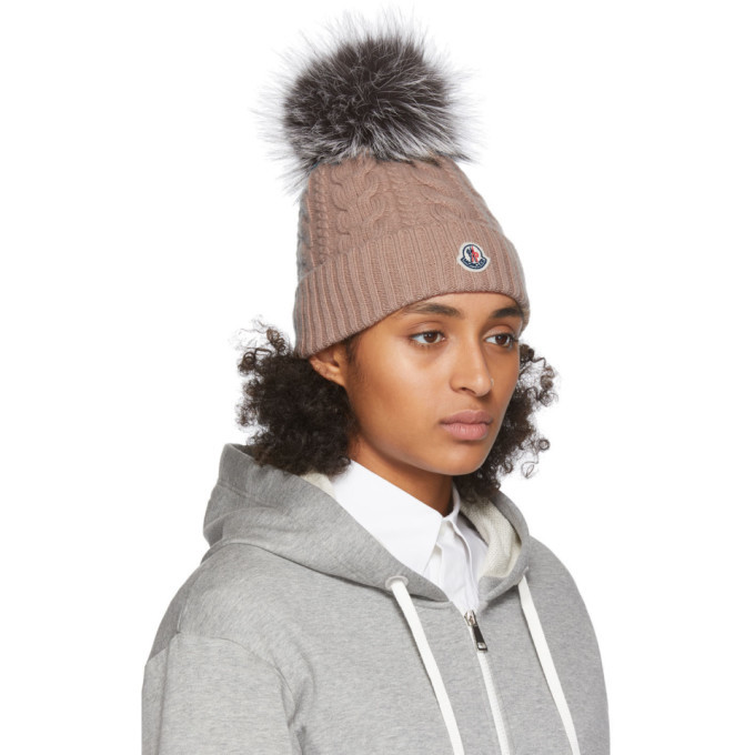 Moncler Beige Fur Pom Pom Beanie Moncler
