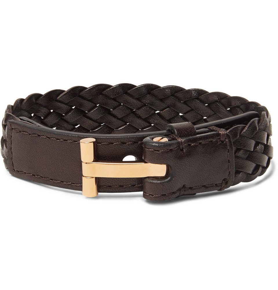 TOM FORD - Woven Leather and Gold-Tone Bracelet - Men - Brown TOM FORD