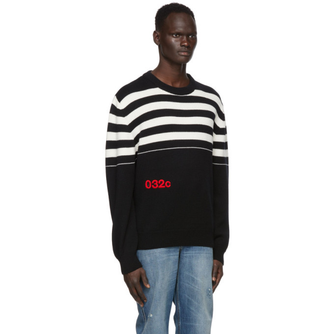 032c Black Merino Stripe Logo Sweater
