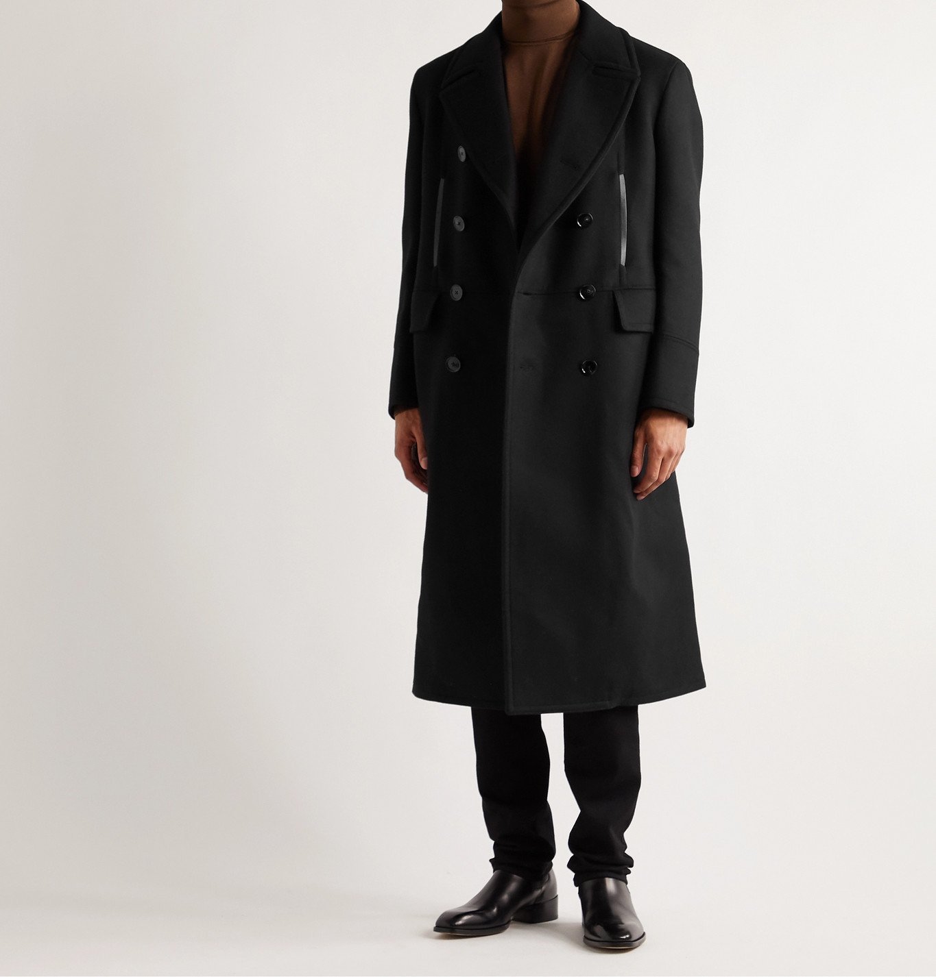 TOM FORD - Double-Breasted Leather-Trimmed Wool and Cashmere-Blend Coat -  Black TOM FORD