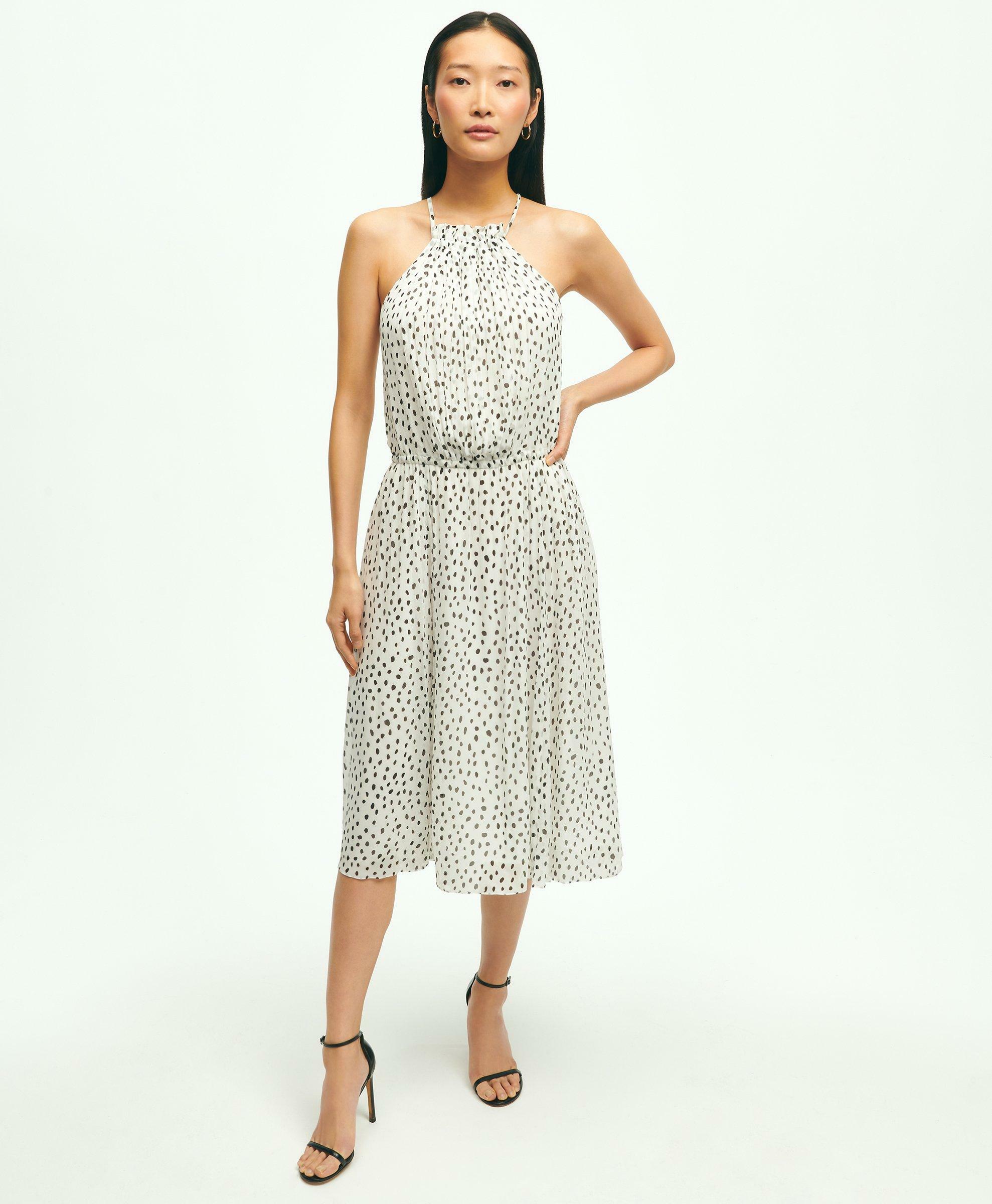 Brooks Brothers Women's Chiffon Dot Print Pleated Halter Dress | White ...