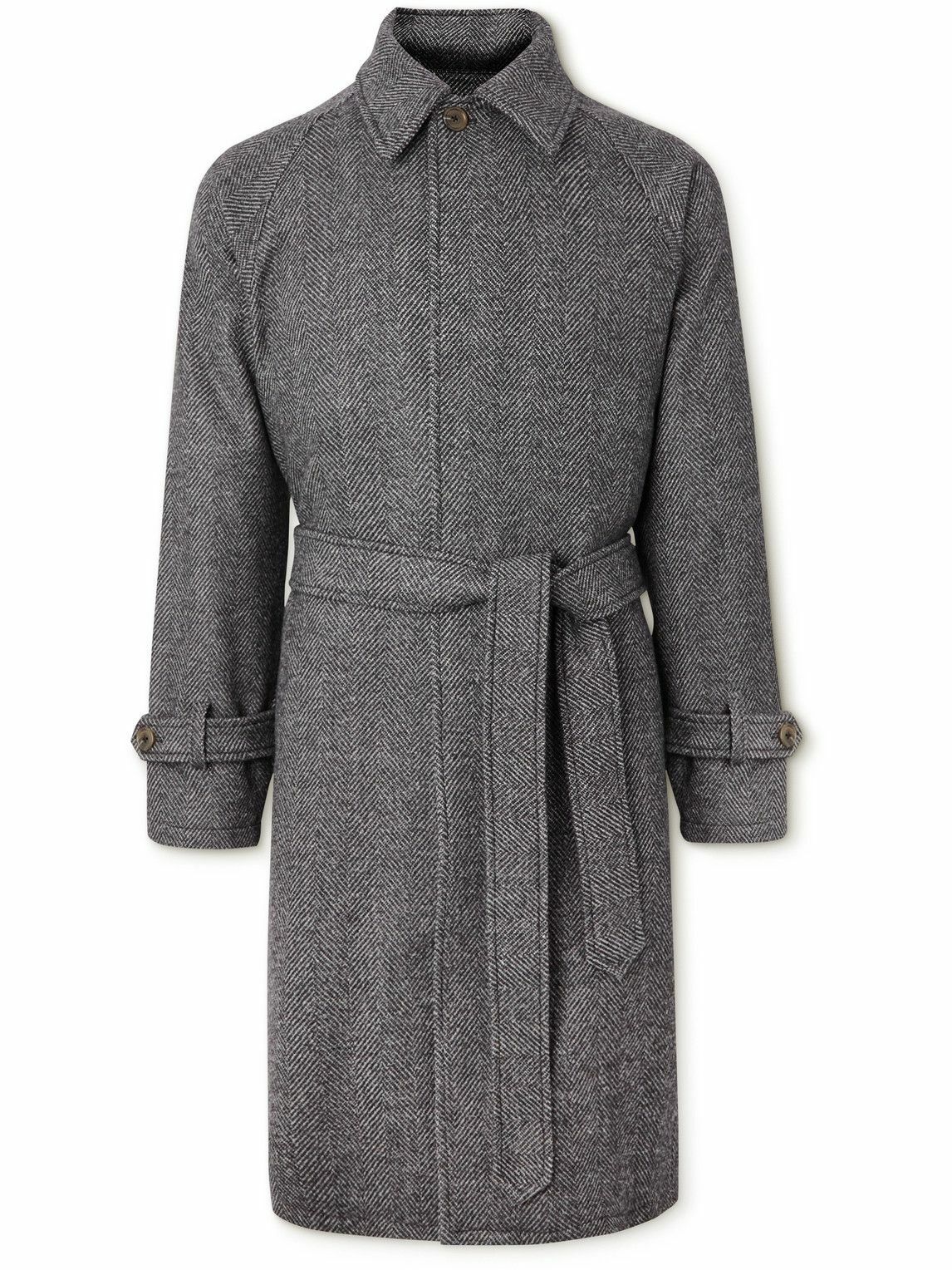 Stoffa Belted Herringbone Wool Coat Gray