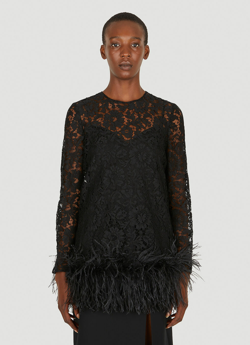 Lace Feather Trim Top in Black Valentino