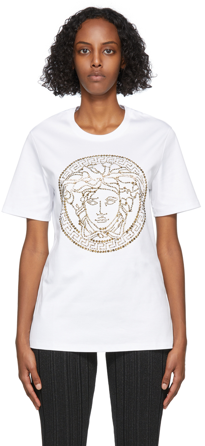 Vermomd Uitgaven Beperkingen Versace White & Gold Studded Medusa T-Shirt Versace