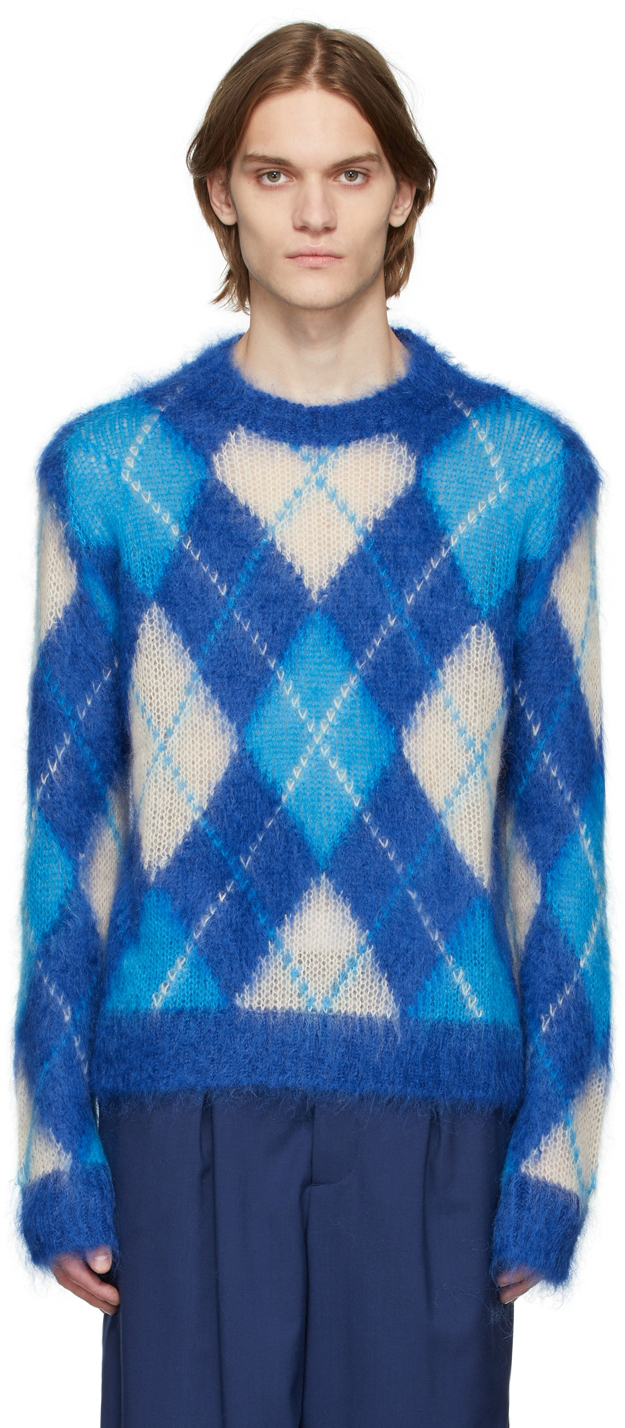 Marni Blue Iconic Mohair Argyle Sweater Marni