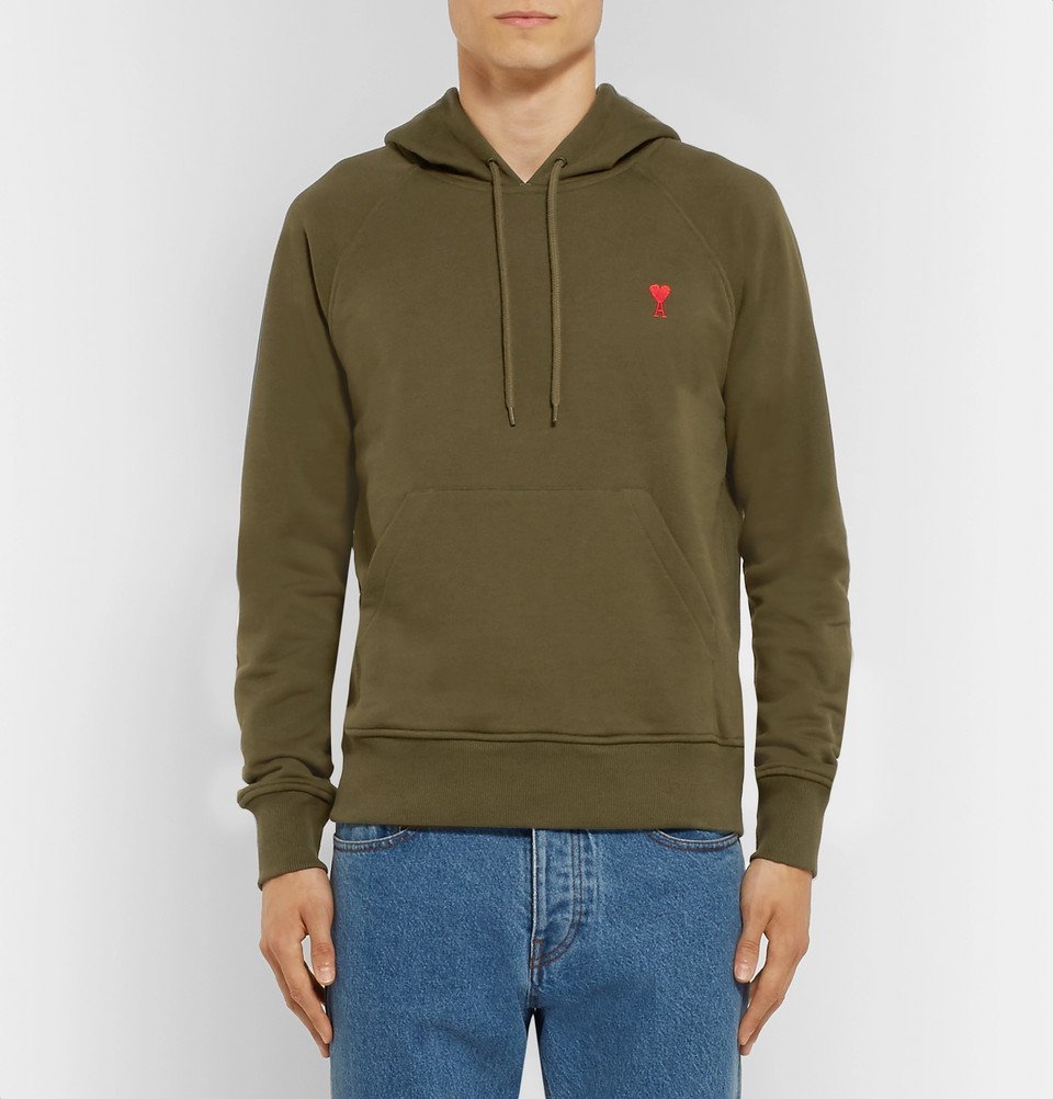 AMI - Embroidered Loopback Cotton-Jersey Hoodie - Men - Green AMI