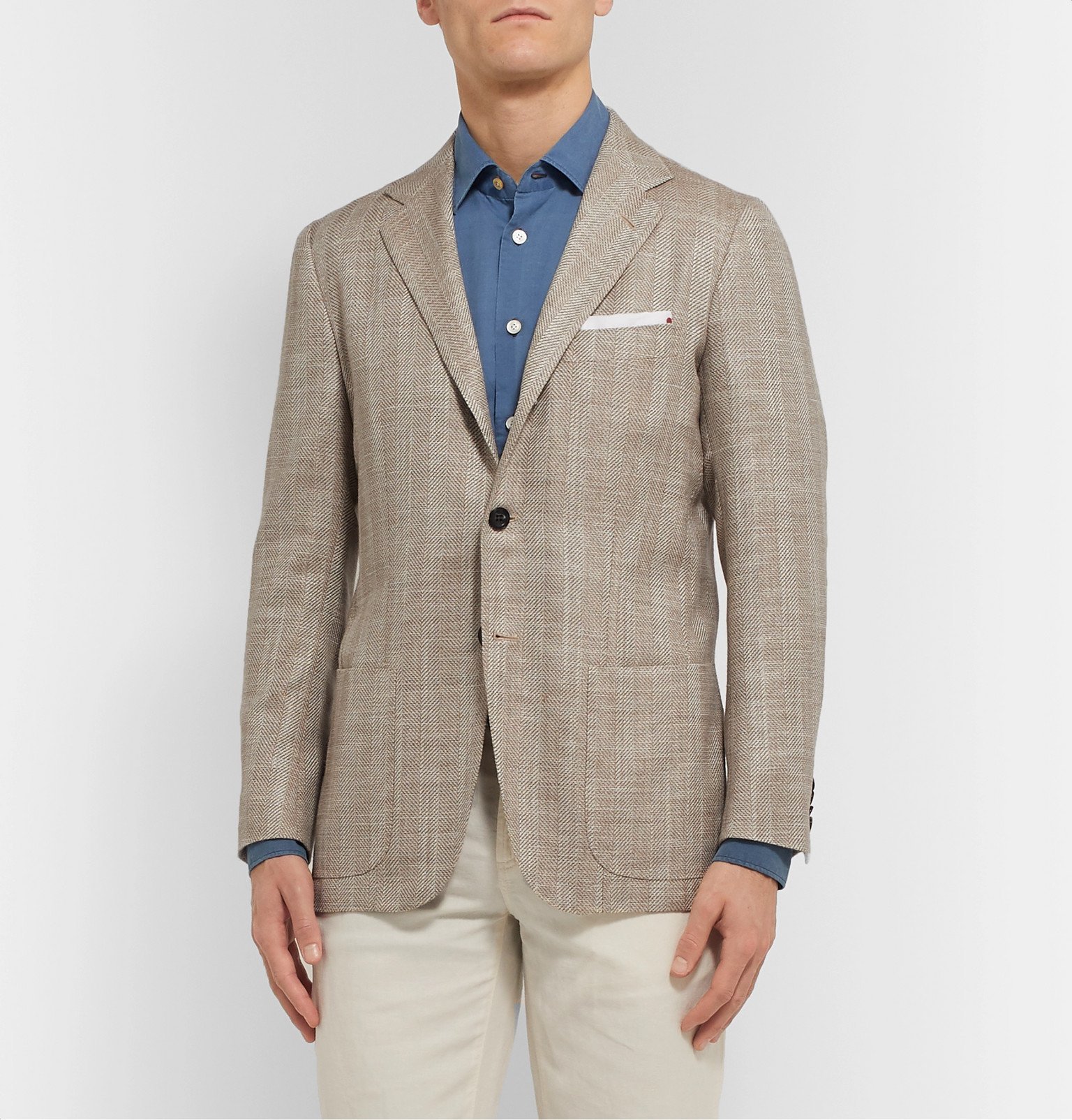 Kiton - Cream Unstructured Herringbone Cashmere, Wool, Silk and Linen ...