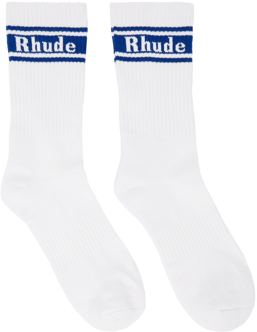 Rhude White & Blue Stripe Logo Socks Rhude