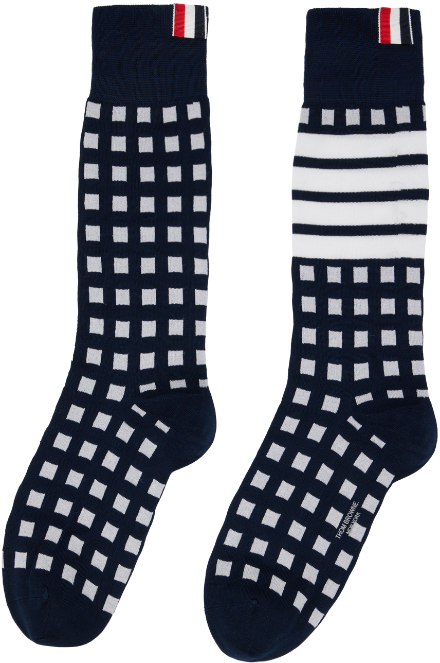 Thom Browne Navy Gingham 4Bar Socks Thom Browne