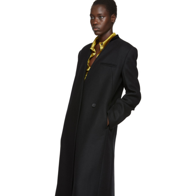 black collarless coat