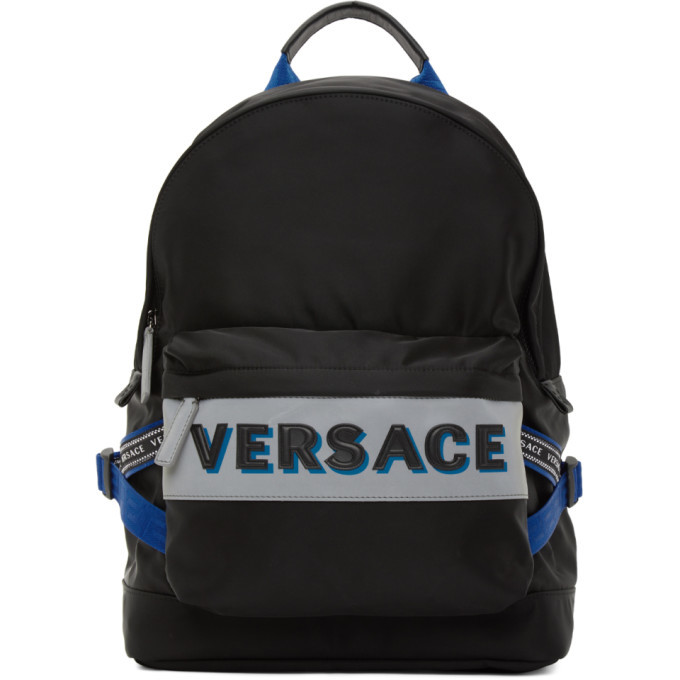 blue and black versace backpack