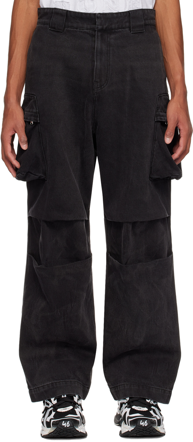 We11done Black Washed Loose Fit Denim Cargo Pants We11done