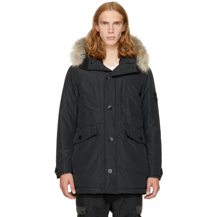 Stone Island Black Down and Fur Jacket Stone Island