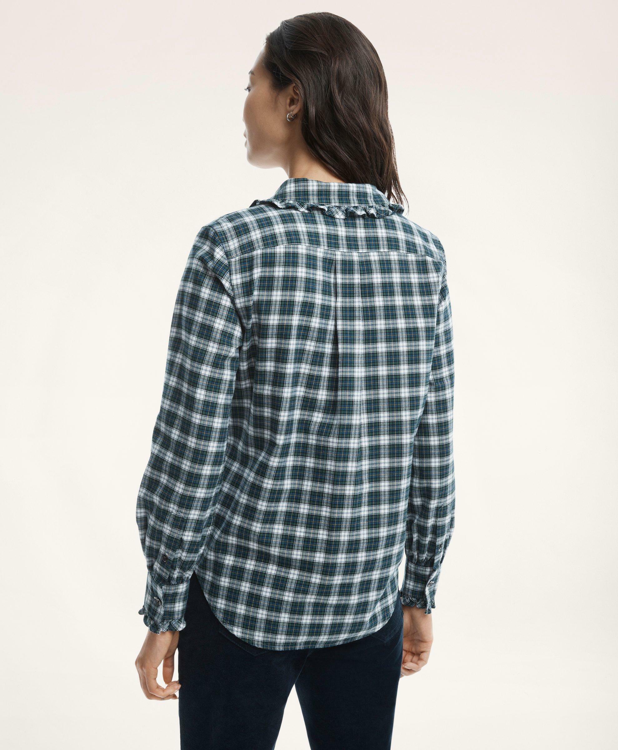 Brooks Brothers Women's Classic Fit Cotton Wool Ruffle Flannel Shirt | Green