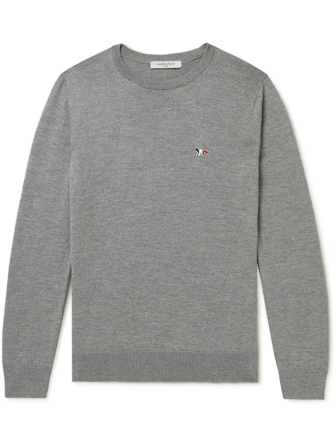 MAISON KITSUNÉ - Slim-Fit Logo-Appliquéd Wool Sweater - Gray Maison Kitsune
