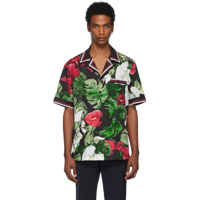 Dolce and Gabbana Black and Green Anthurium Hawaiian Shirt Dolce & Gabbana