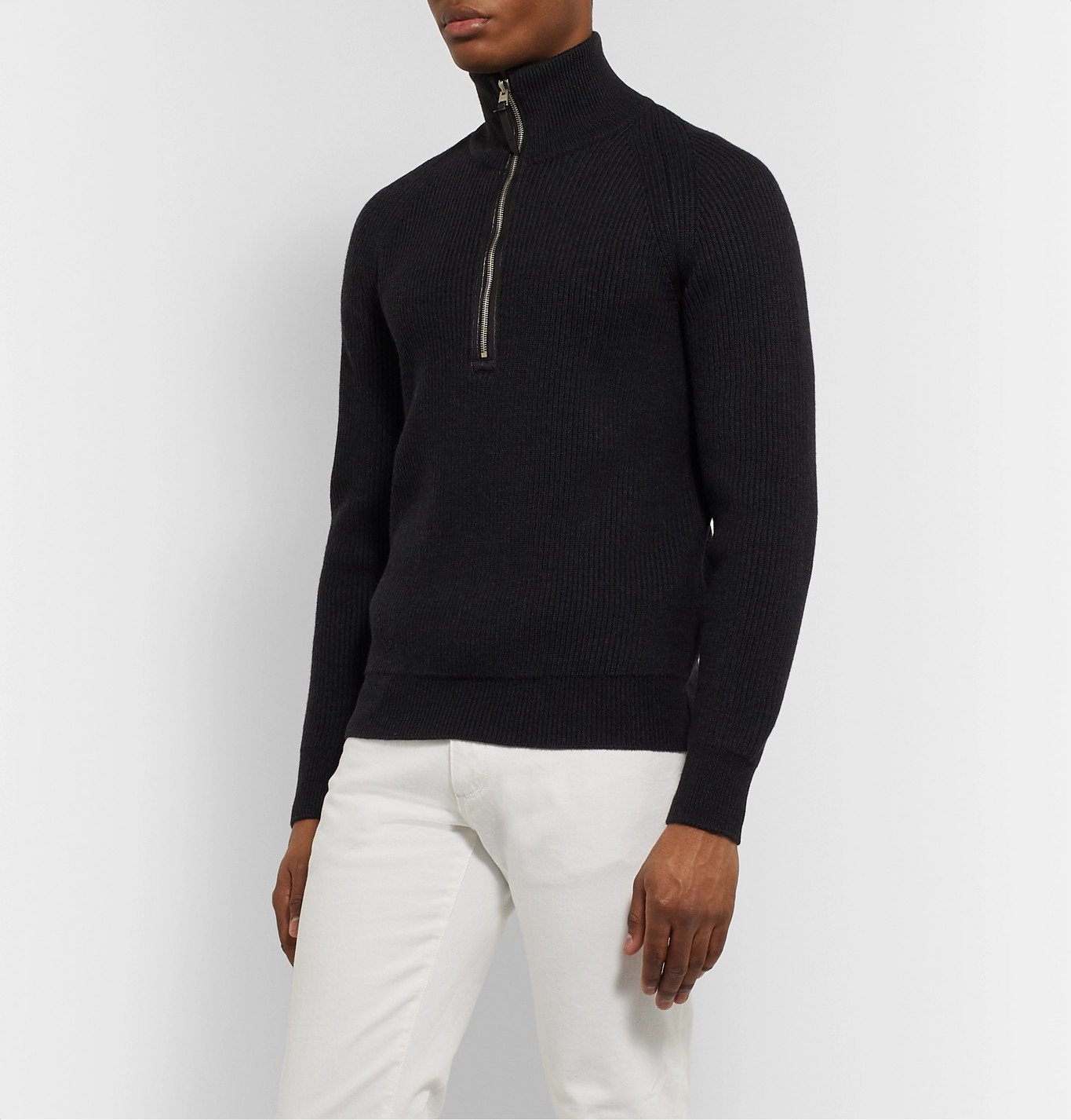 TOM FORD - Slim-Fit Leather-Trimmed Ribbed Merino Wool Half-Zip Sweater -  Gray TOM FORD