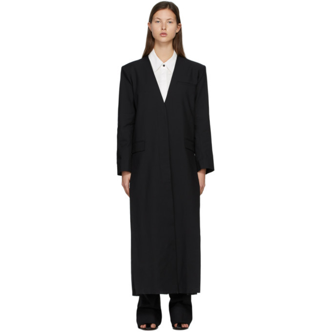 black collarless coat