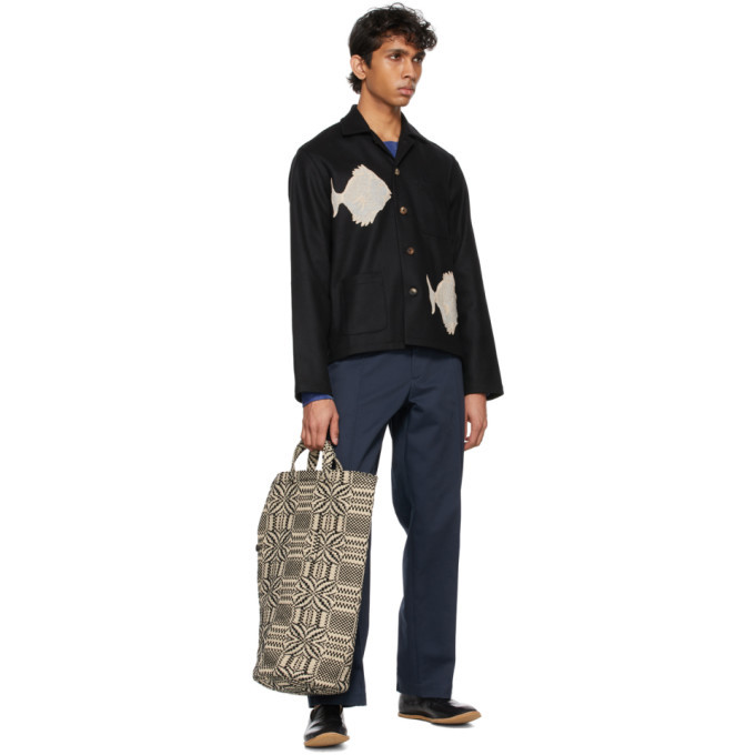 Bode Black Wool Fish Patch Shirt Jacket 