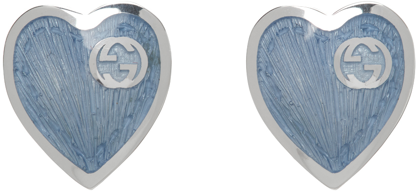 Gucci Silver & Blue Enamel Interlocking G Heart Earrings Gucci