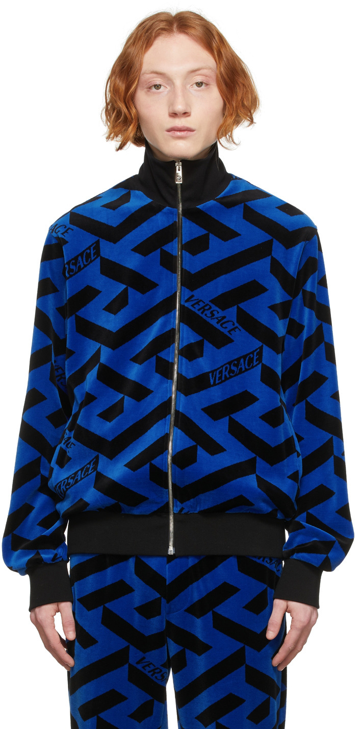 Versace Blue & Black Velour Track Jacket Versace
