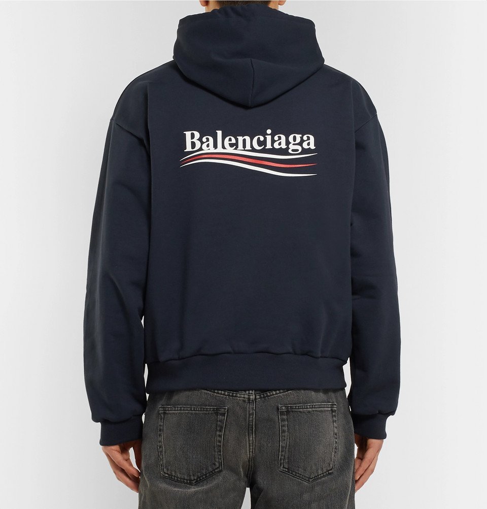 Balenciaga - Printed Loopback Cotton-Jersey Hoodie - Men - Navy Balenciaga