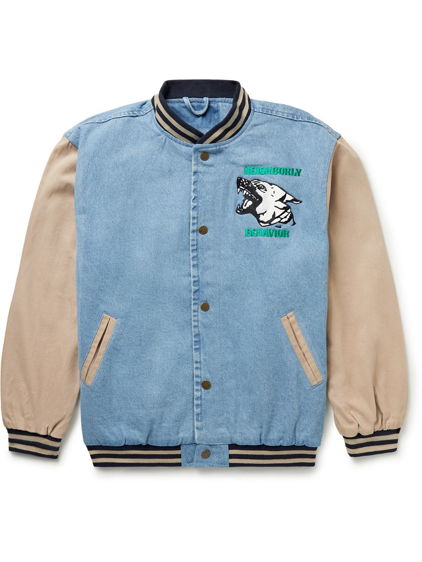 FRIENDS WITH ANIMALS - Logo-Appliquéd Embroidered Denim and Drill Varsity  Jacket - Blue