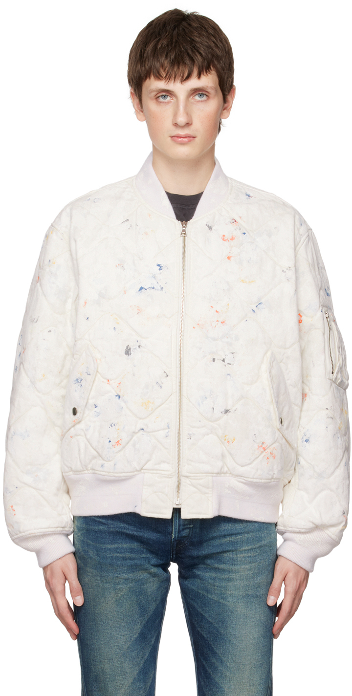 John Elliott White Paint Splatter Bomber Jacket John Elliott