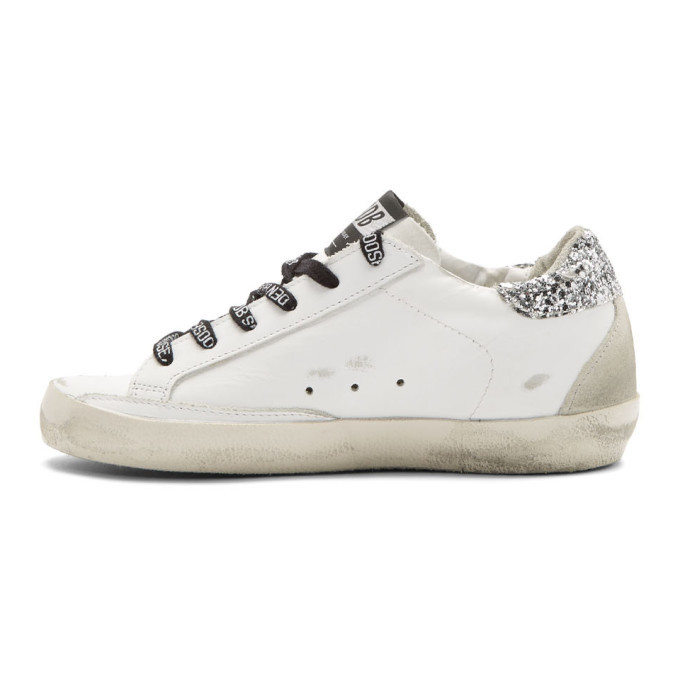 white & silver glitter tab superstar sneakers