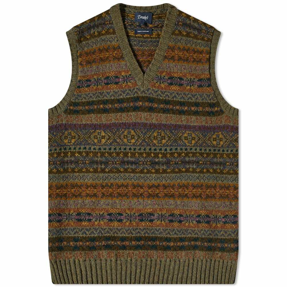Drake's Men's Fair Isle Knit Vest in Olive Drake's
