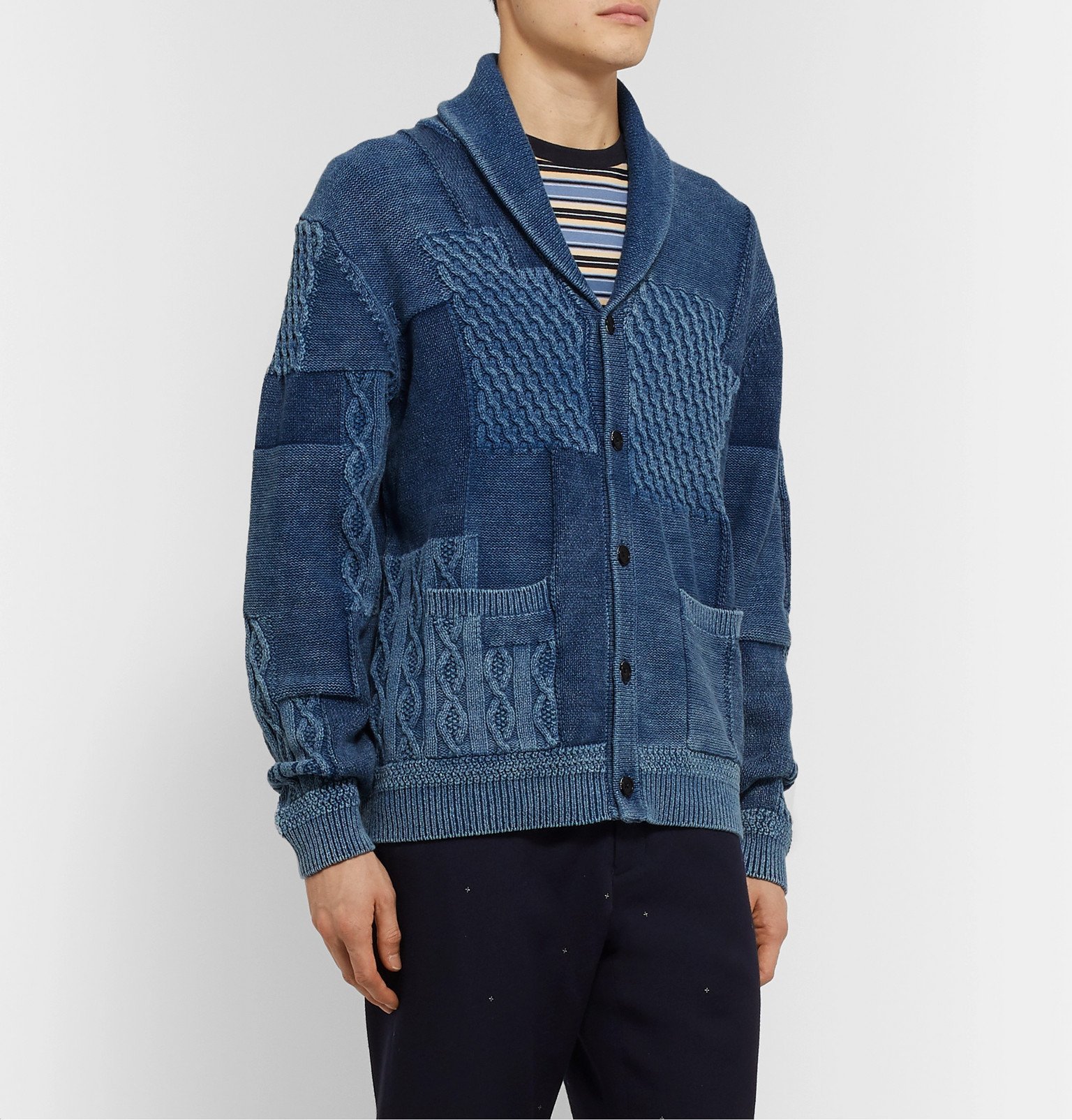 Beams Plus - Patchwork Shawl-Collar Cotton Cardigan - Blue Beams Plus