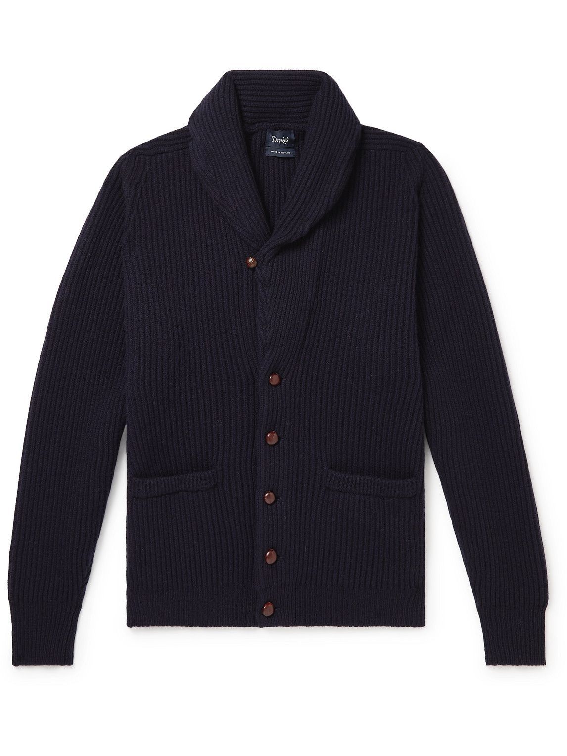 Drake's ShawlCollar Ribbed Wool Cardigan Blue Drake's