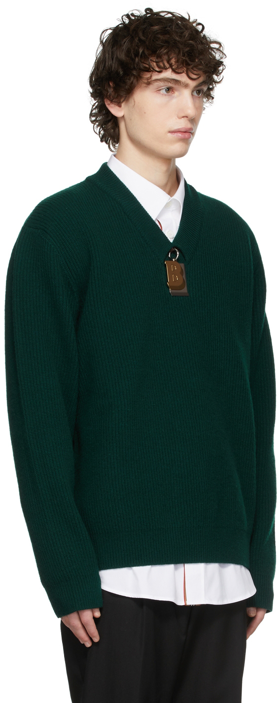 Burberry Green Letter Motif V-Neck Sweater