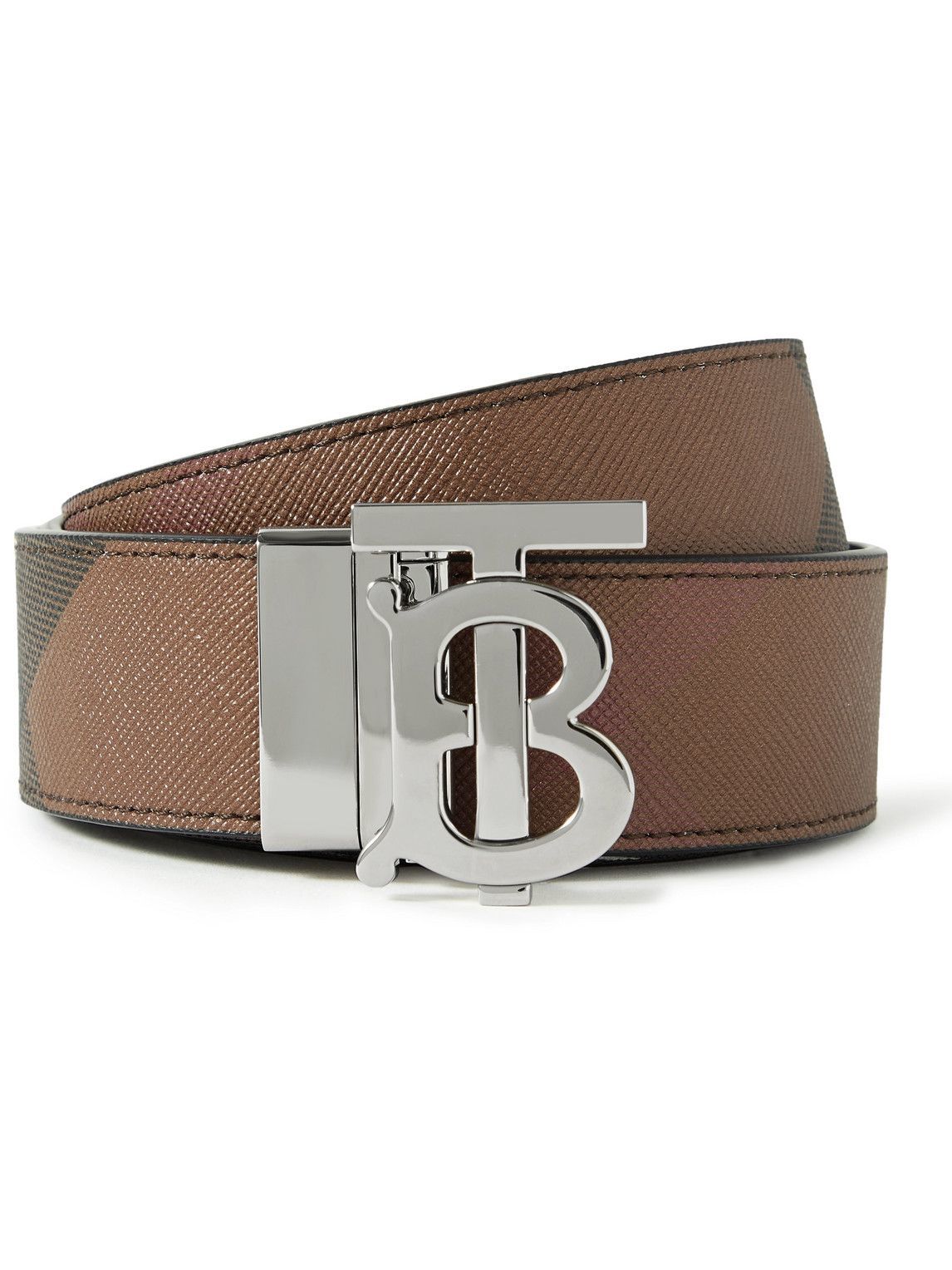 Burberry - 3.5cm Reversible Checked E-Canvas and Leather Belt - Brown