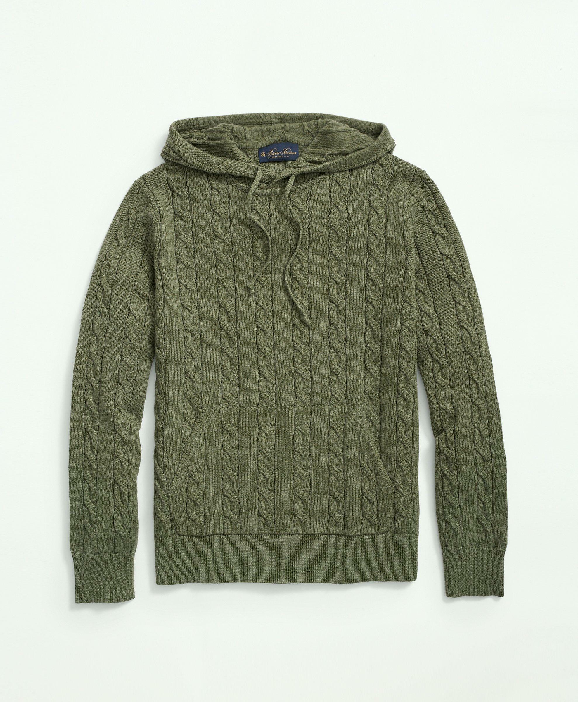 Photo: Brooks Brothers Men's Cotton Cable Knit Hoodie Sweater | Green Heather