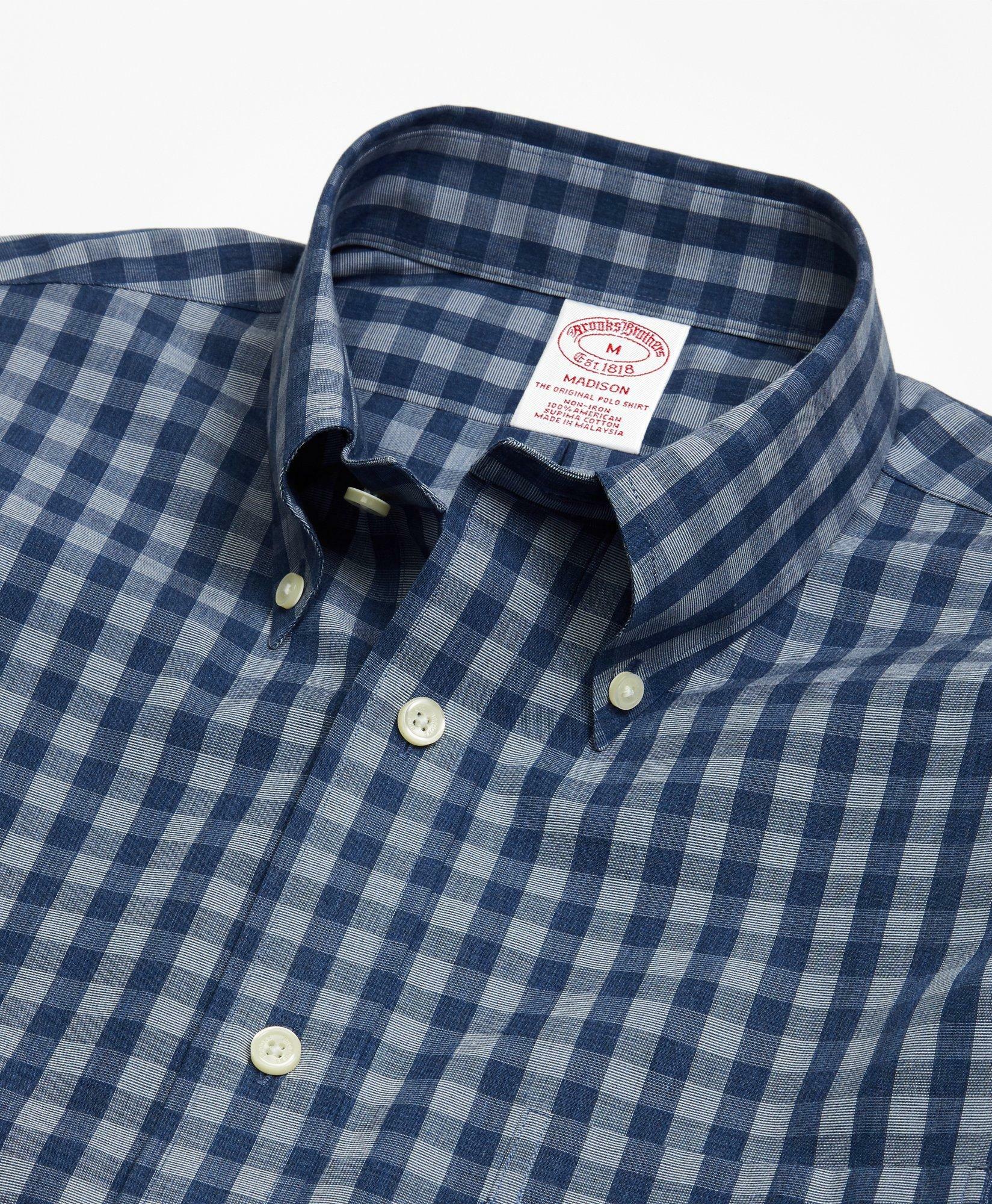 Brooks Brothers Men's Madison Relaxed-Fit Sport Shirt, Non-Iron Heathered Gingham | Navy