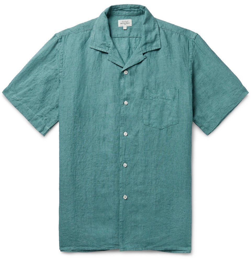 Hartford Palm CampCollar Linen Shirt Petrol Hartford