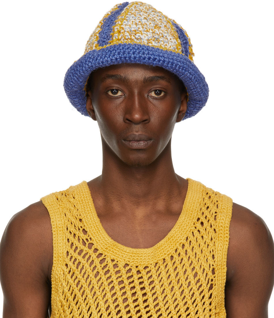 Nicholas Daley Blue & Yellow Hand-Crochet Bucket Hat Nicholas Daley