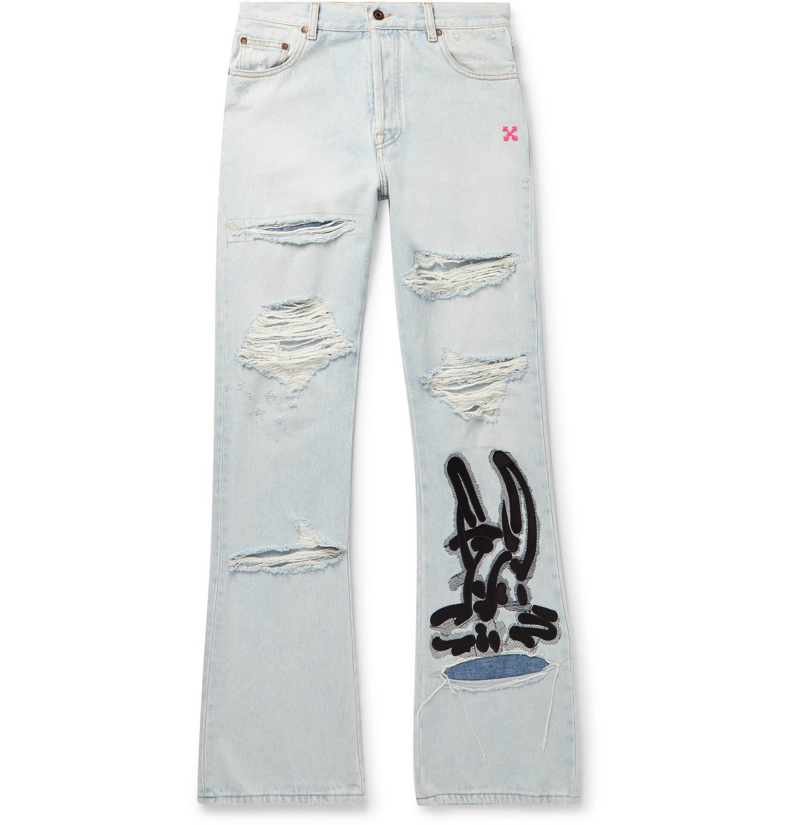 Off-White - EV BRAVADO Distressed Appliquéd Denim Jeans - Blue Off 