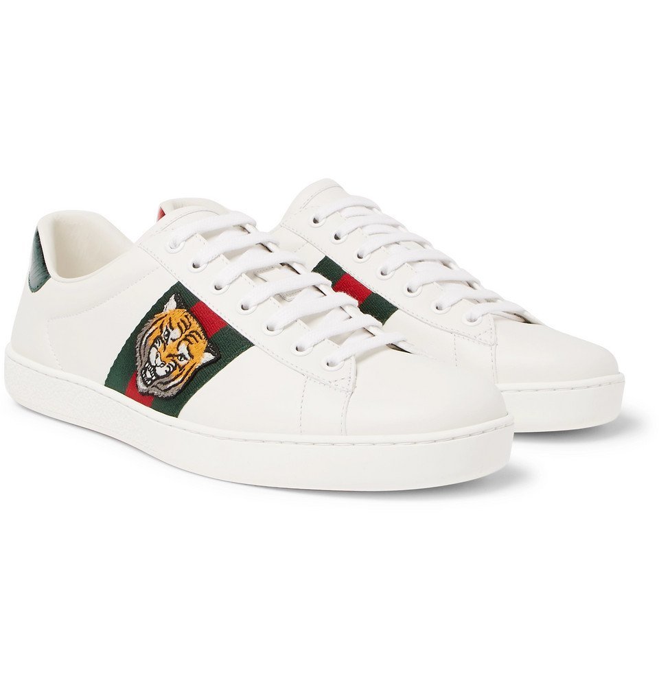 Gucci - Ace Watersnake-Trimmed Embroidered Leather Sneakers - Men ...