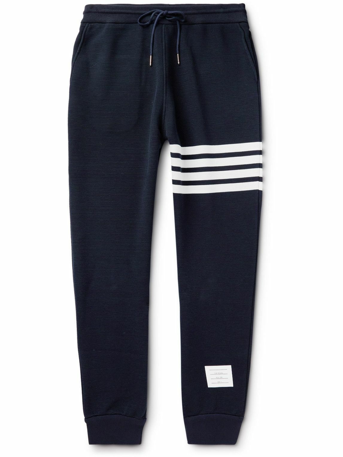 Thom Browne Tapered Striped Ribbed CottonJersey Sweatpants Blue