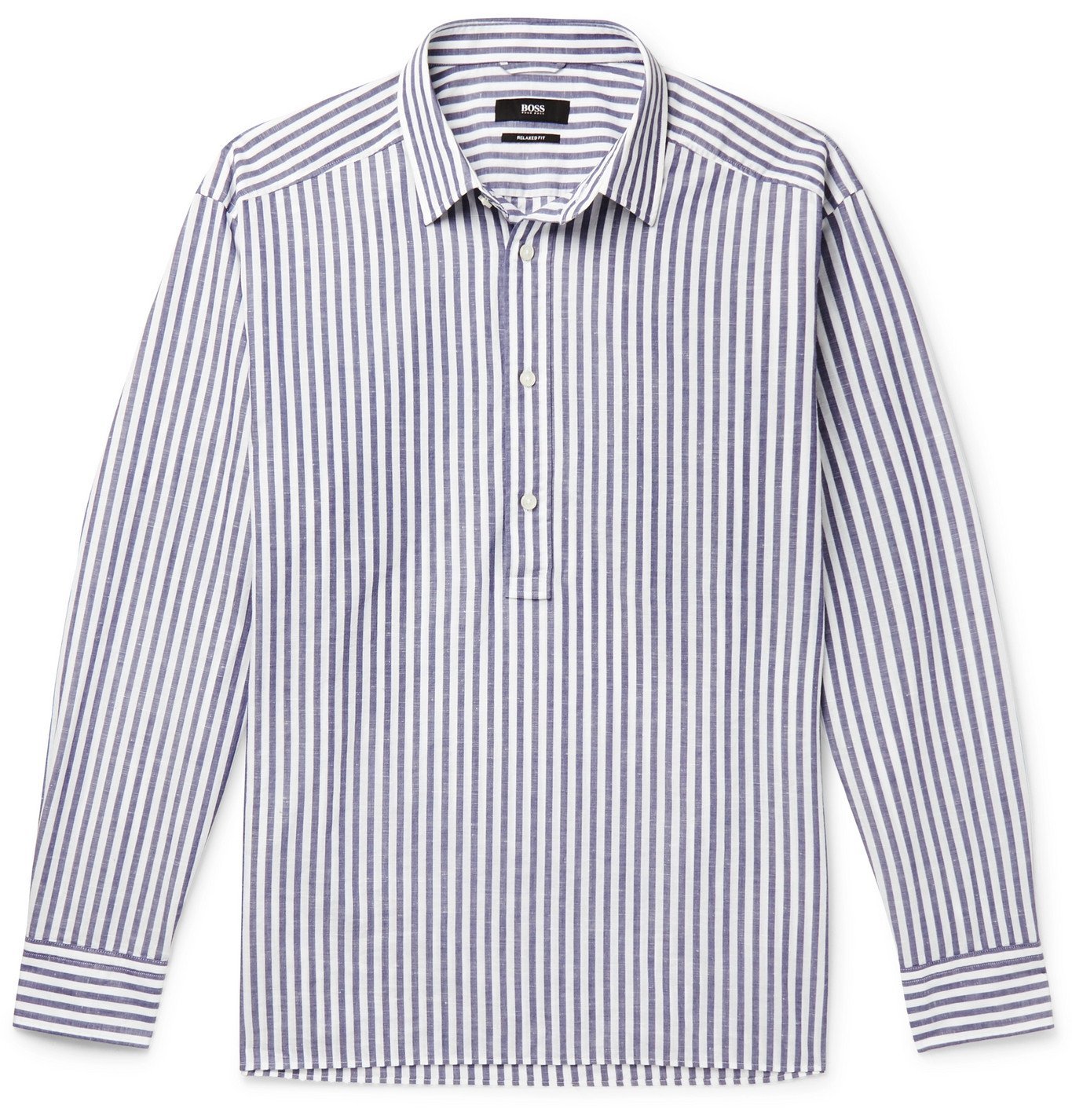Hugo Boss - Striped Cotton and Linen-Blend Half-Placket Shirt - Blue ...