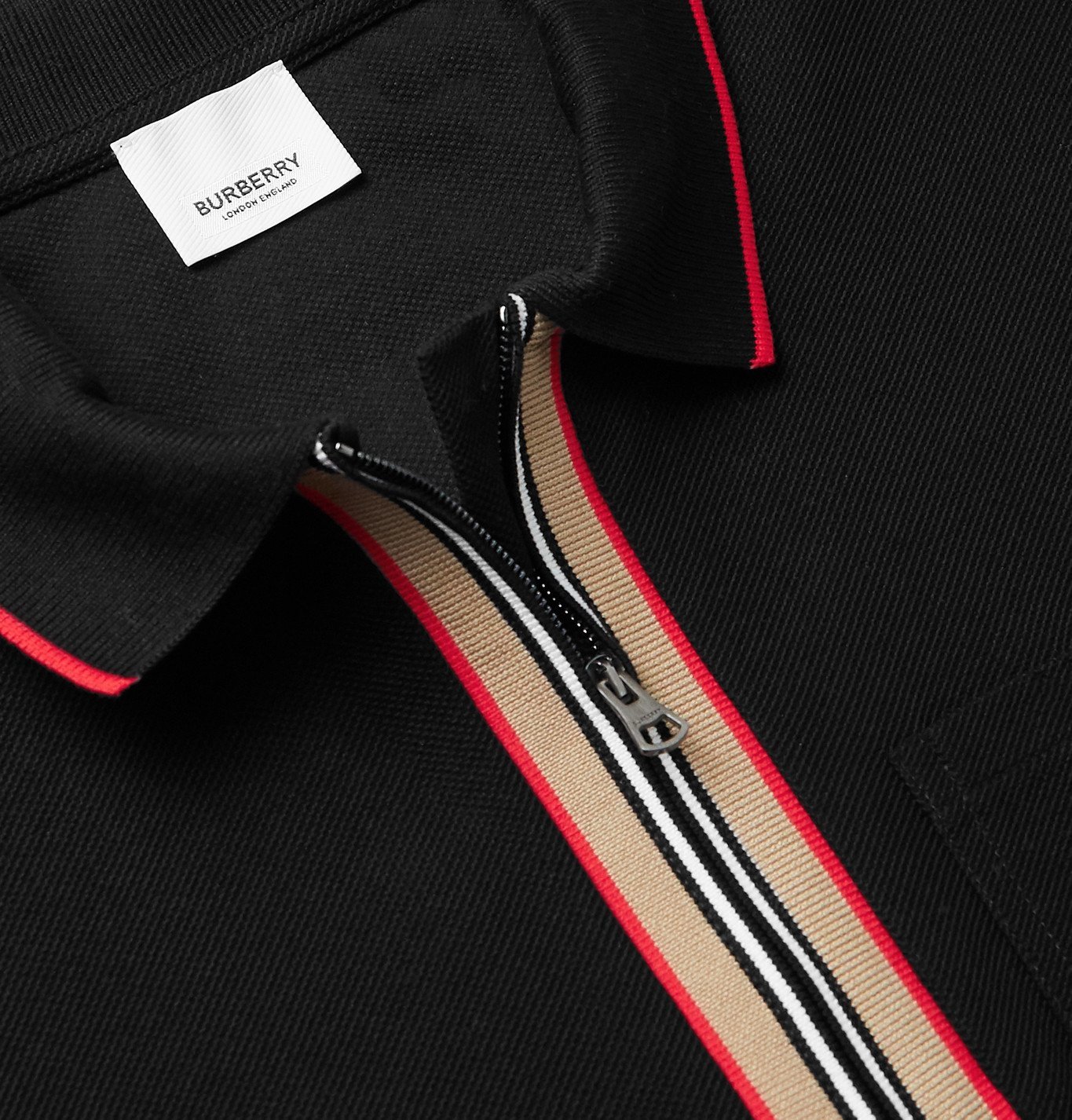 BURBERRY - Contrast-Tipped Cotton-Piqué Half-Zip Polo Shirt - Black Burberry