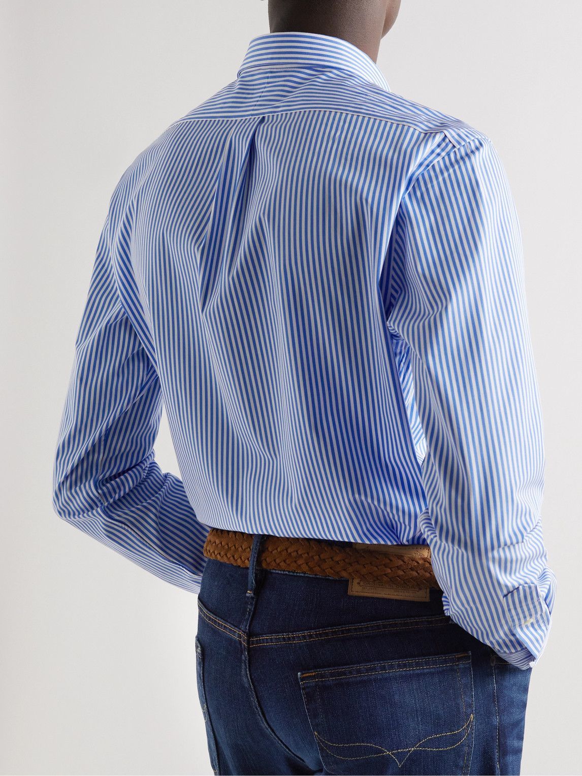 Polo Ralph Lauren - Button-Down Collar Logo-Embroidered Striped Cotton-Blend Poplin Shirt - Blue